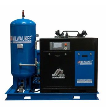 Compresor de aire industrial Milwaukee, azul y negro, con un gran tanque y panel de control.