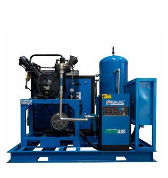 Compresor de aire industrial azul sobre bastidor metálico, con tanque y panel de control.