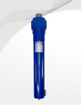 Filtro industrial azul sobre fondo blanco con gráfico gris.