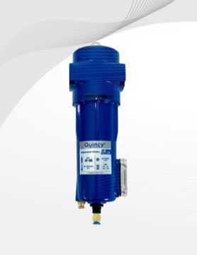 Filtro de aire Blue Quincy con etiquetas, sobre un fondo degradado.