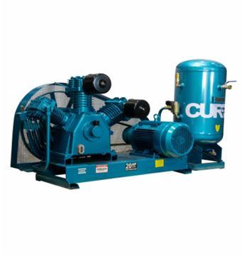 Compresor de aire industrial azul con tanque.