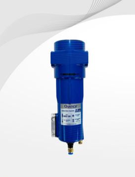 Filtro de aire azul con etiqueta blanca, vertical, sobre fondo gris.