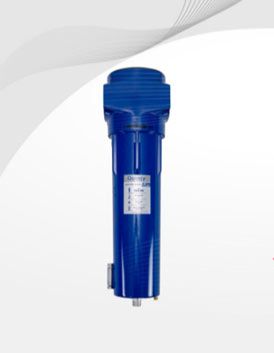 Filtro de aire industrial azul. Cilíndrico con tapa rectangular. Placa de identificación plateada.