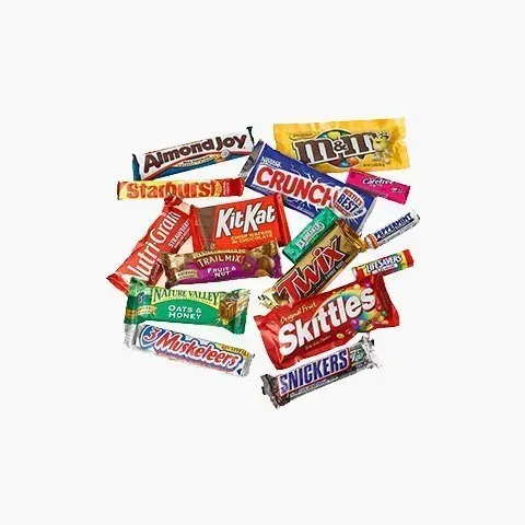 There are many different types of candy bars in this picture.