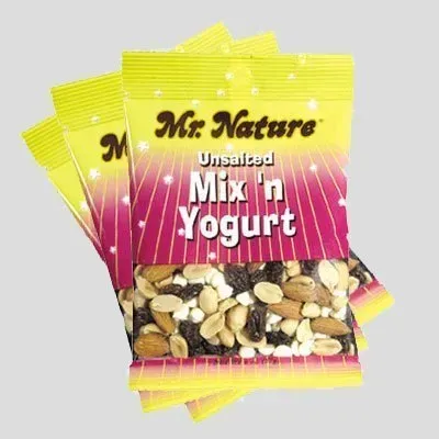 Three bags of mr. nature unsalted mix n yogurt are stacked on top of each other.