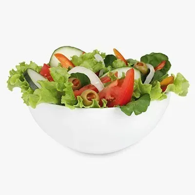 A white bowl filled with a salad of lettuce tomatoes and cucumbers