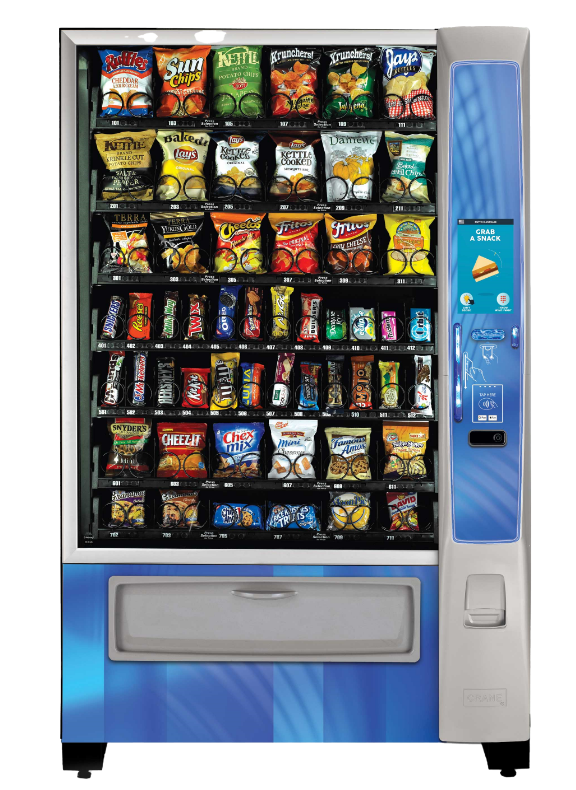 A vending machine filled with a variety of snacks.