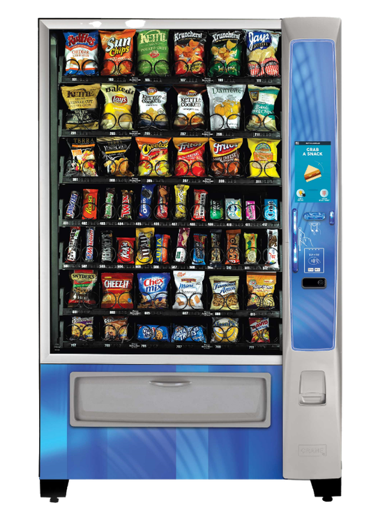 A vending machine filled with a variety of snacks.