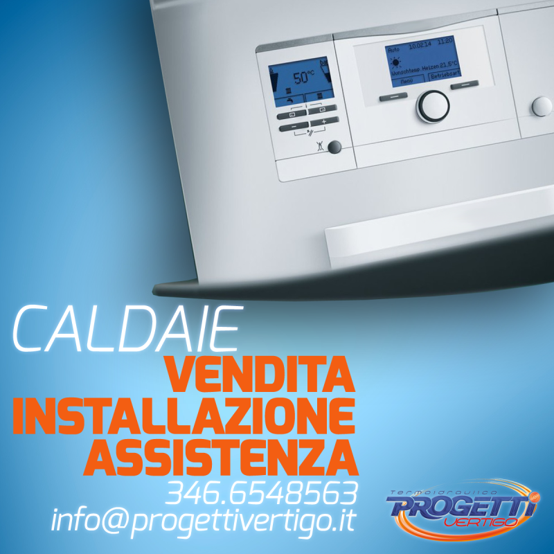 Caldaia bianca con display blu, vendita, installazione, assistenza. Contatti Progetti Vertigo.