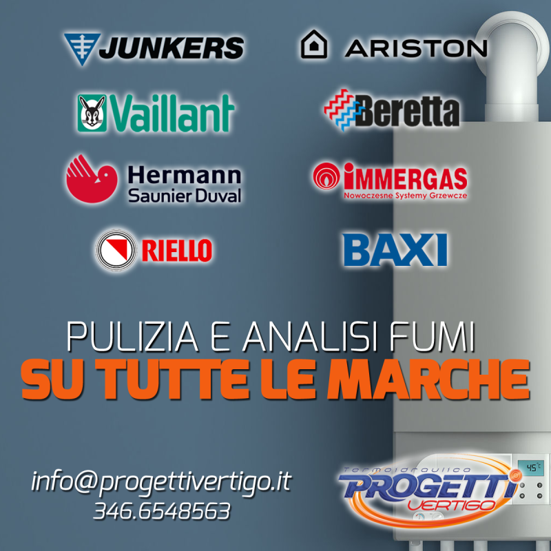 Pubblicità per servizi di pulizia caldaie e analisi dei fumi con vari loghi di marchi.
