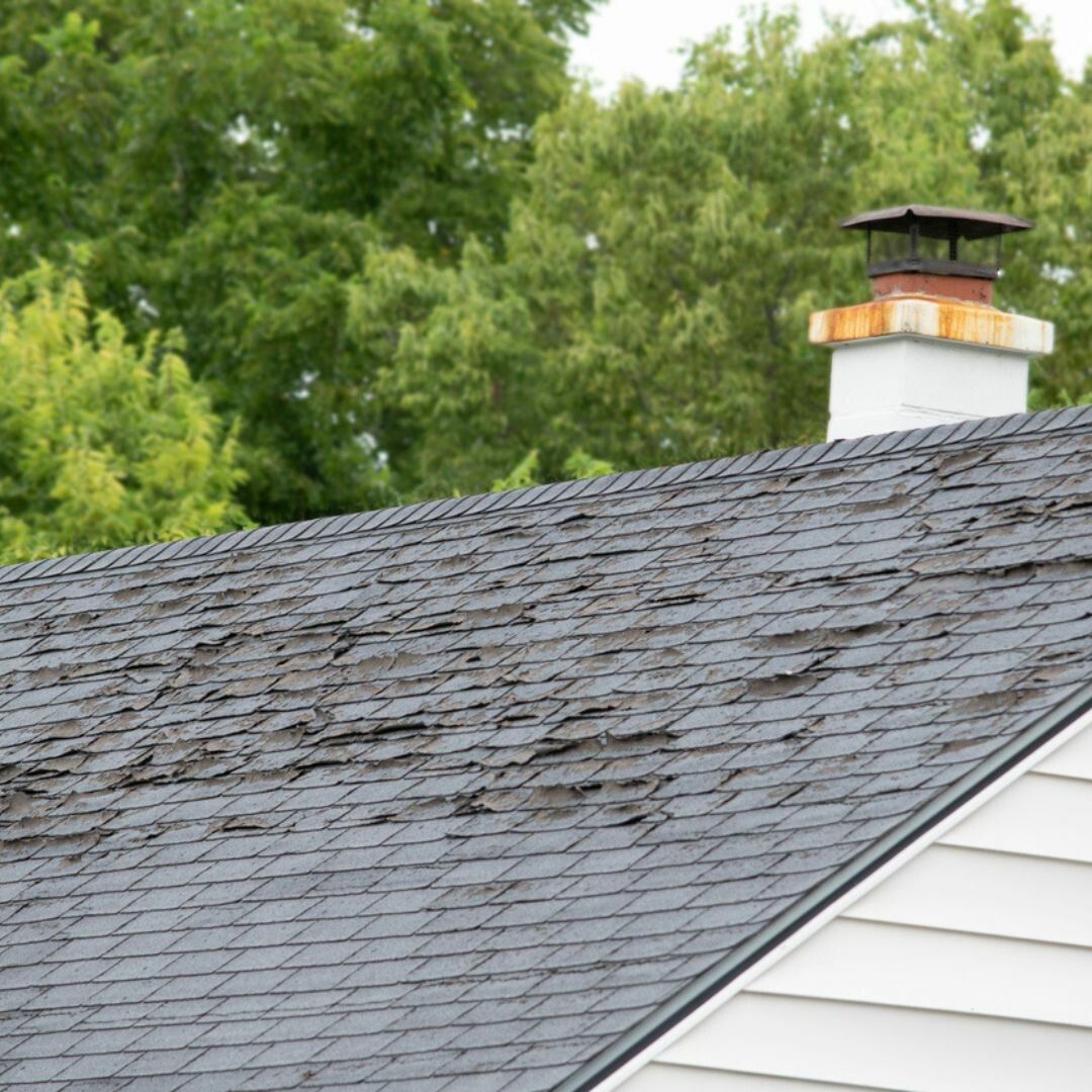 A roof with a chimney on it and trees in the background.