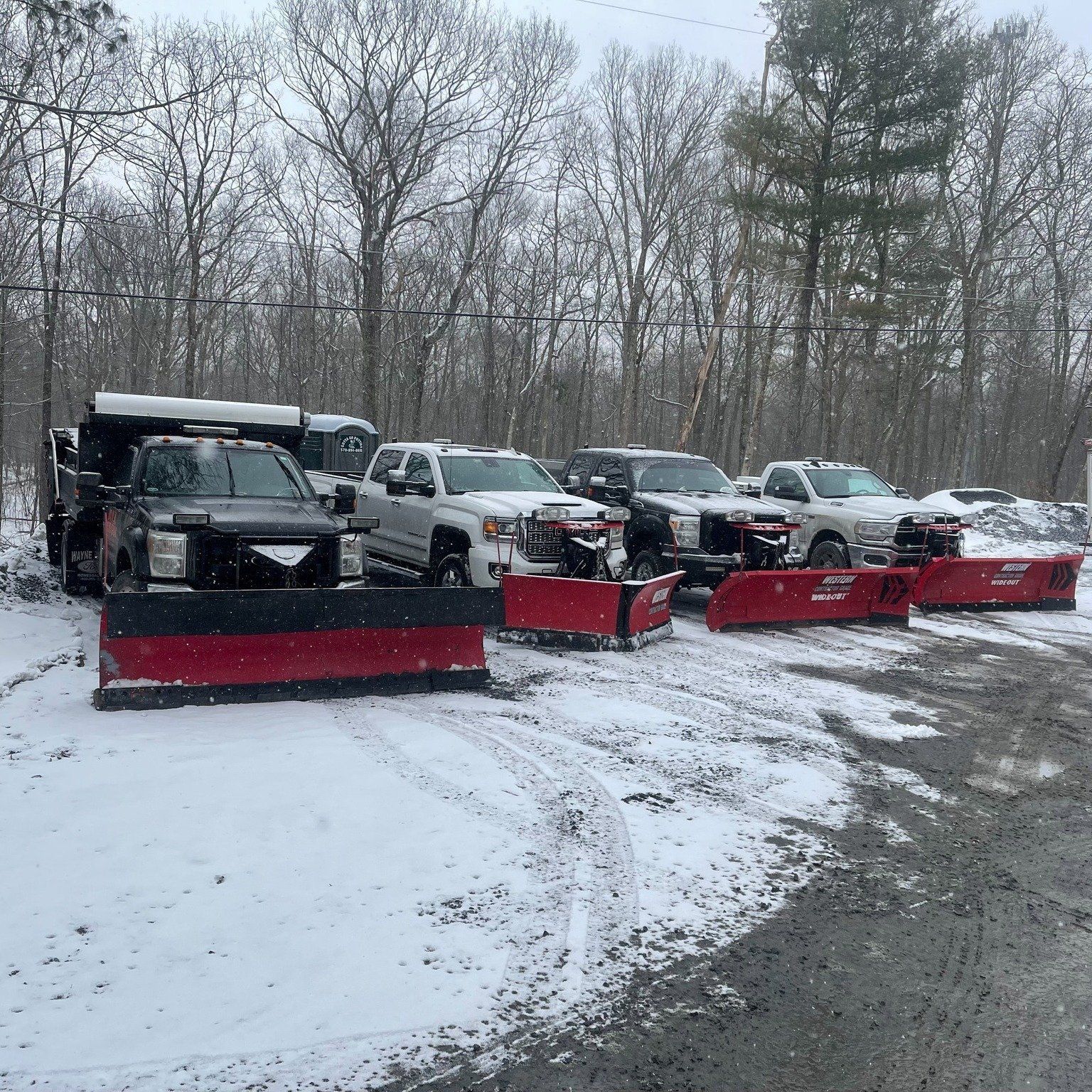 A row of snow plows are parked in the snow.