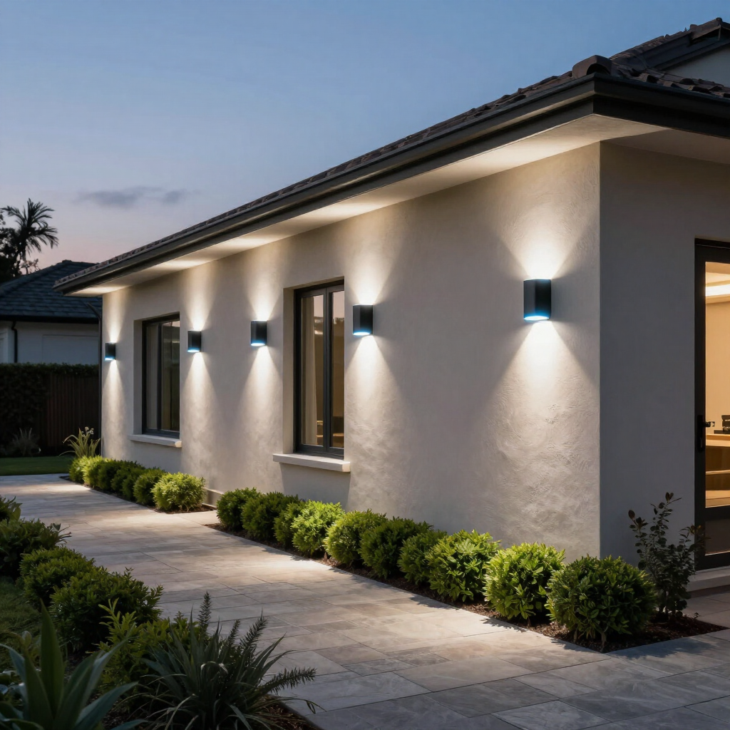 A row of modern black up-and-down outdoor wall sconces illuminating the side of a stucco house next to a stone walkway and a neat line of low green bushes.
