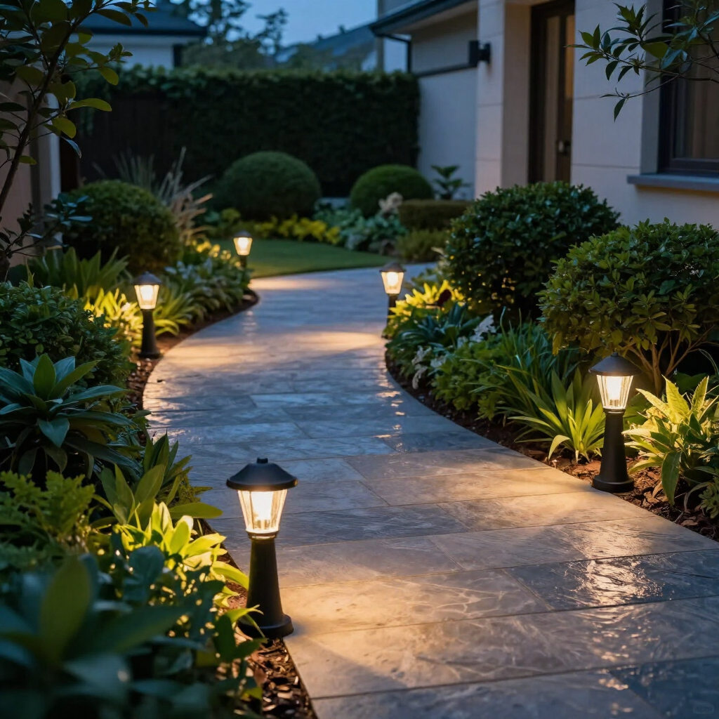 A curved, light-colored stone walkway illuminated by several black, lantern-style path lights casting a warm glow on the surrounding lush garden beds at dusk.