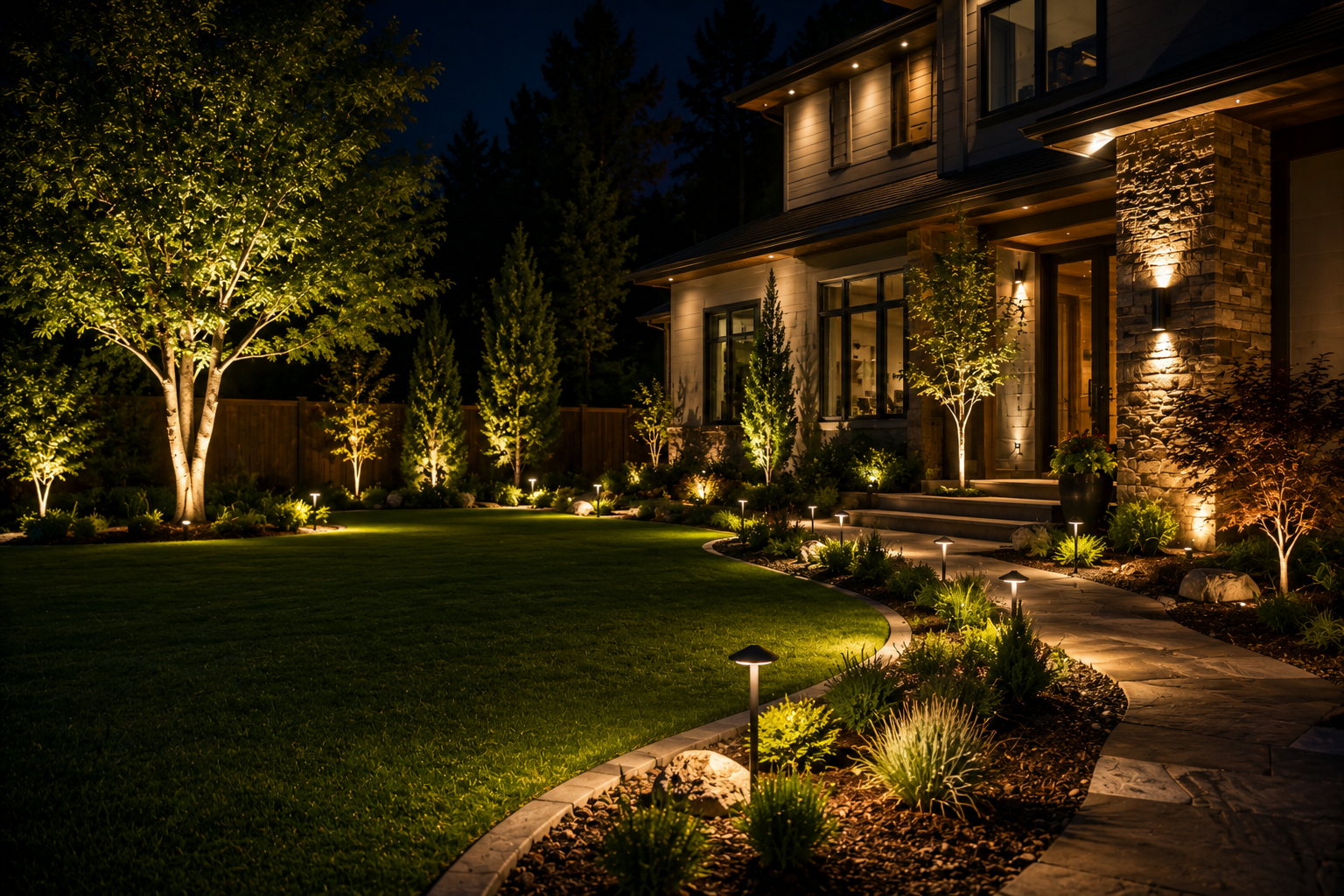 Displays a sprawling front lawn and a stone walkway at night. The space is beautifully lit by modern path lights, tree uplighting, and warm exterior home illumination.