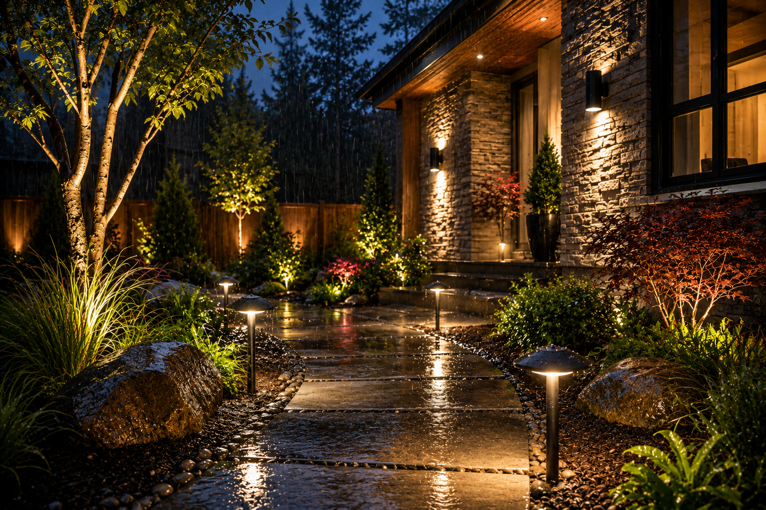 A stone path wet with rain leading to a modern stone house at night, illuminated by warm landscape lighting and outdoor wall sconces.