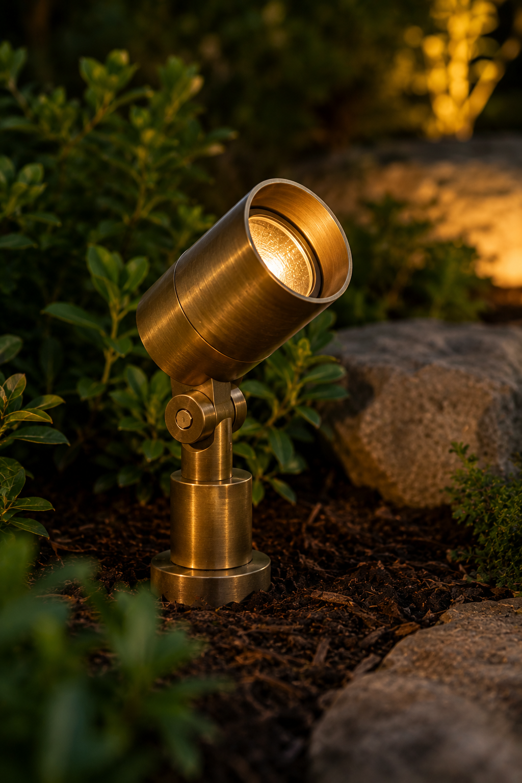 A close-up of a stone pathway at dusk featuring modern low-voltage landscape lighting, an upward-pointing well light, and a 12V control box in the garden bed.