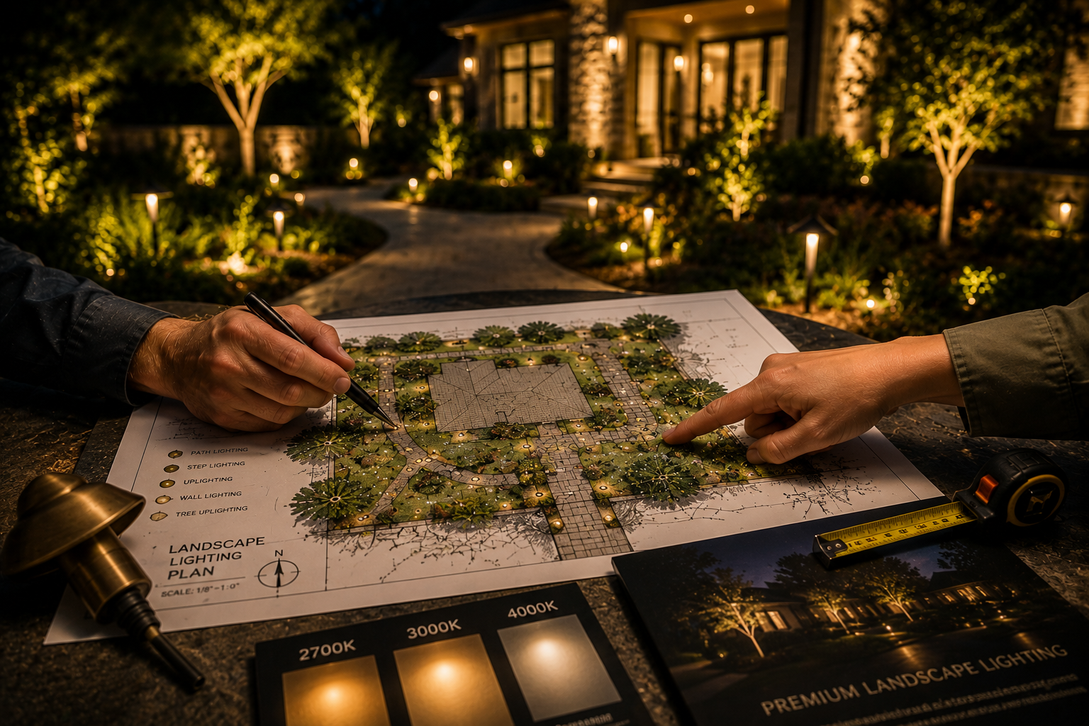 A winding stone paver path illuminated by modern path lights leads through a landscaped yard at night toward a raised patio with steps and trees lit by uplighting.