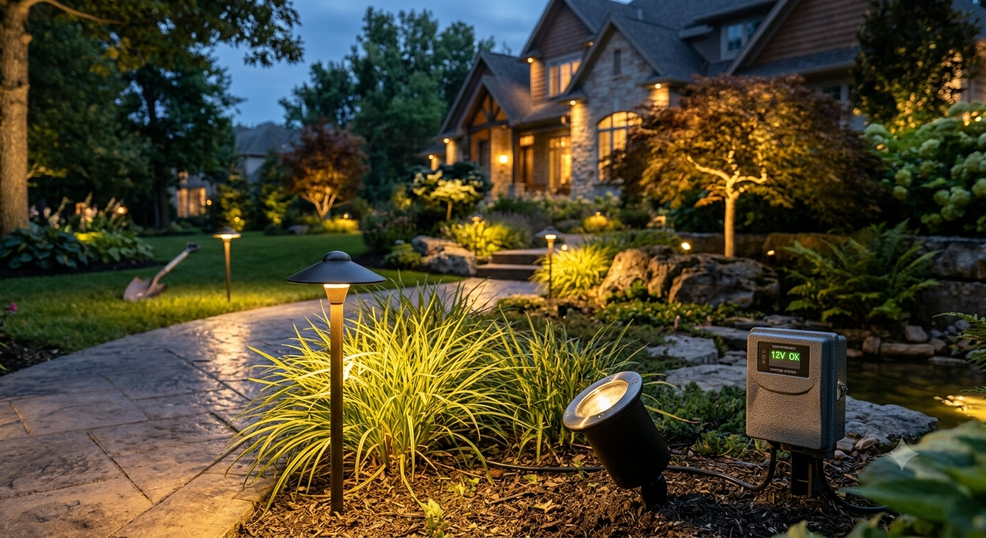 A close-up of a stone pathway at dusk featuring modern low-voltage landscape lighting, an upward-pointing well light, and a 12V control box in the garden bed.