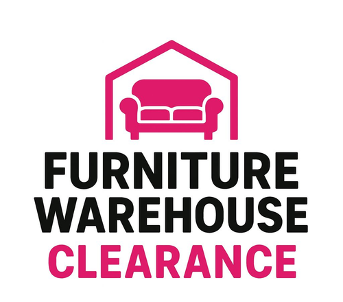 Pink furniture warehouse clearance logo with sofa icon and bold black text