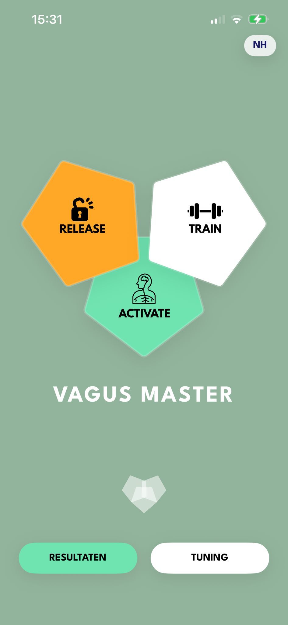 Vagus Master home scherm met de drie pentagon knoppen Release, Train en Activate