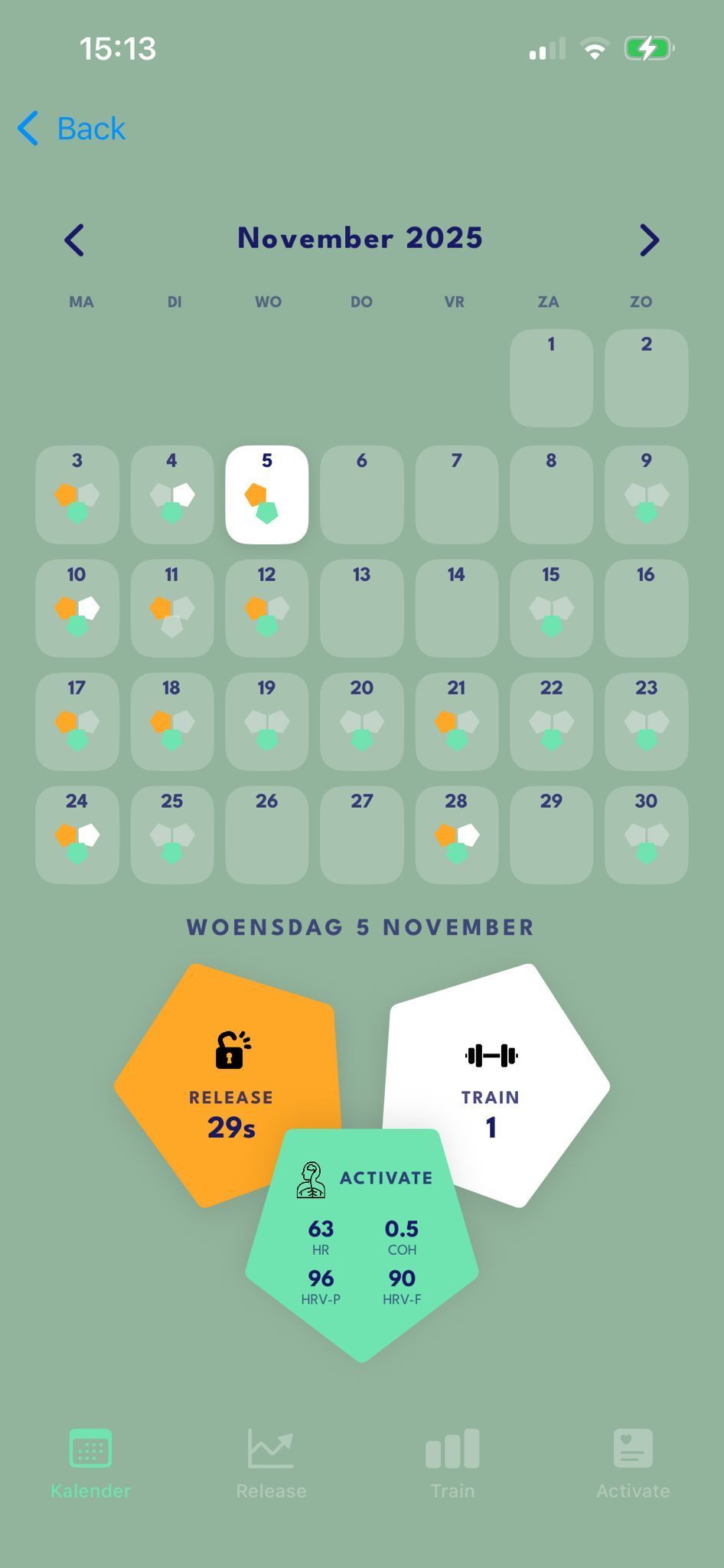 Kalender met dagelijkse trainingsresultaten