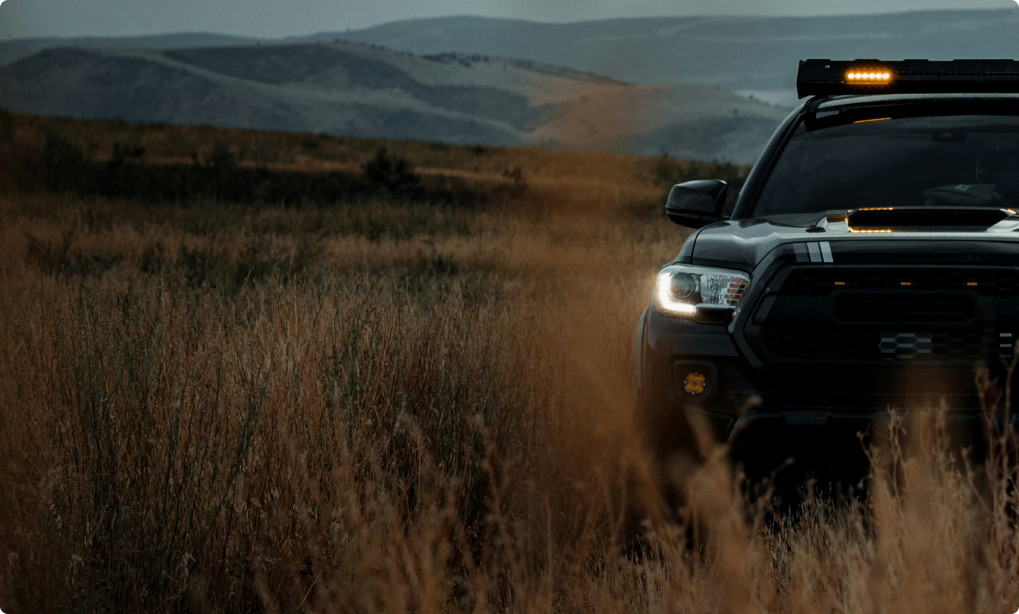 Black truck driving through tall grass, mountains in the background.