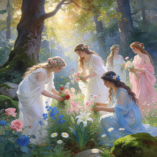 Ninfas no prado colhendo flores.