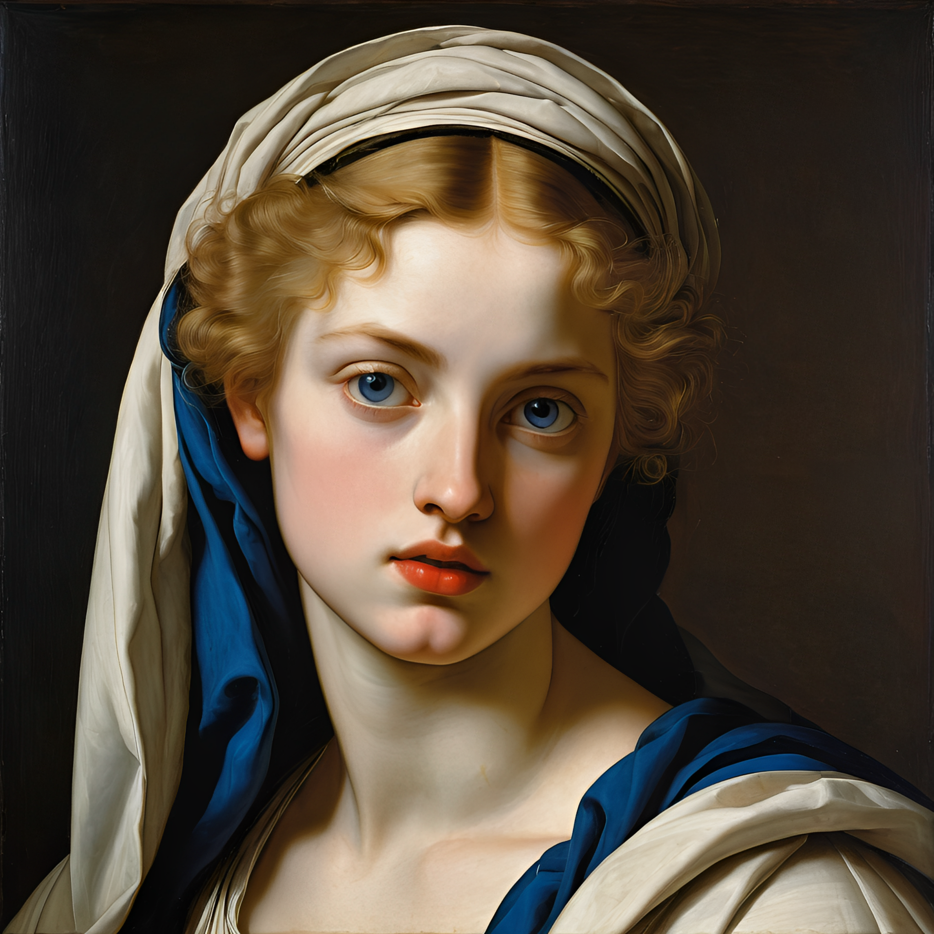 Mulher de pele clara, olhos azuis e cabelos loiros, envolta em um tecido branco e azul, olhando para a frente.