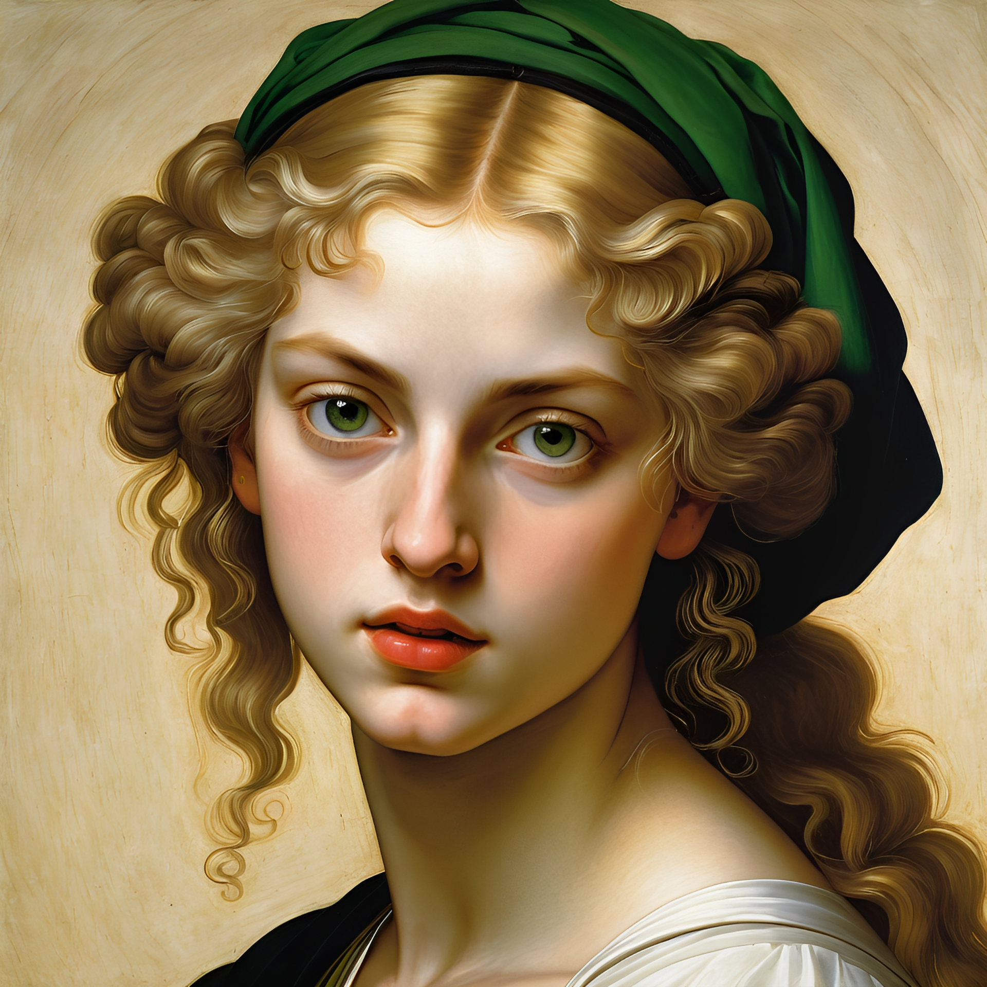 Mulher com cabelo loiro encaracolado, lenço verde na cabeça e um leve sorriso.