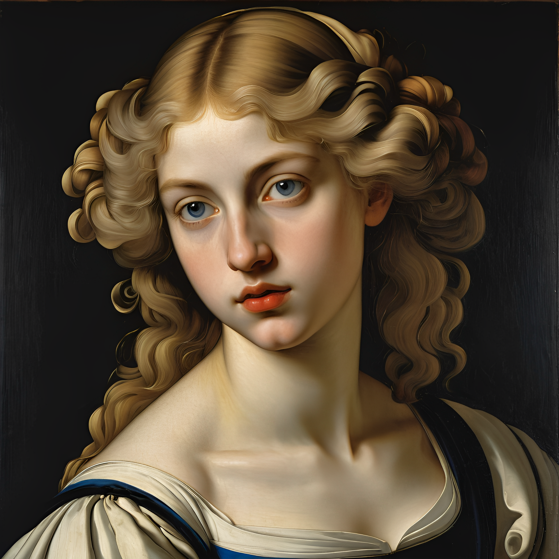 Mulher de cabelos loiros cacheados e pele clara, olhando para baixo. Vestindo uma blusa branca e azul, contra um fundo escuro.