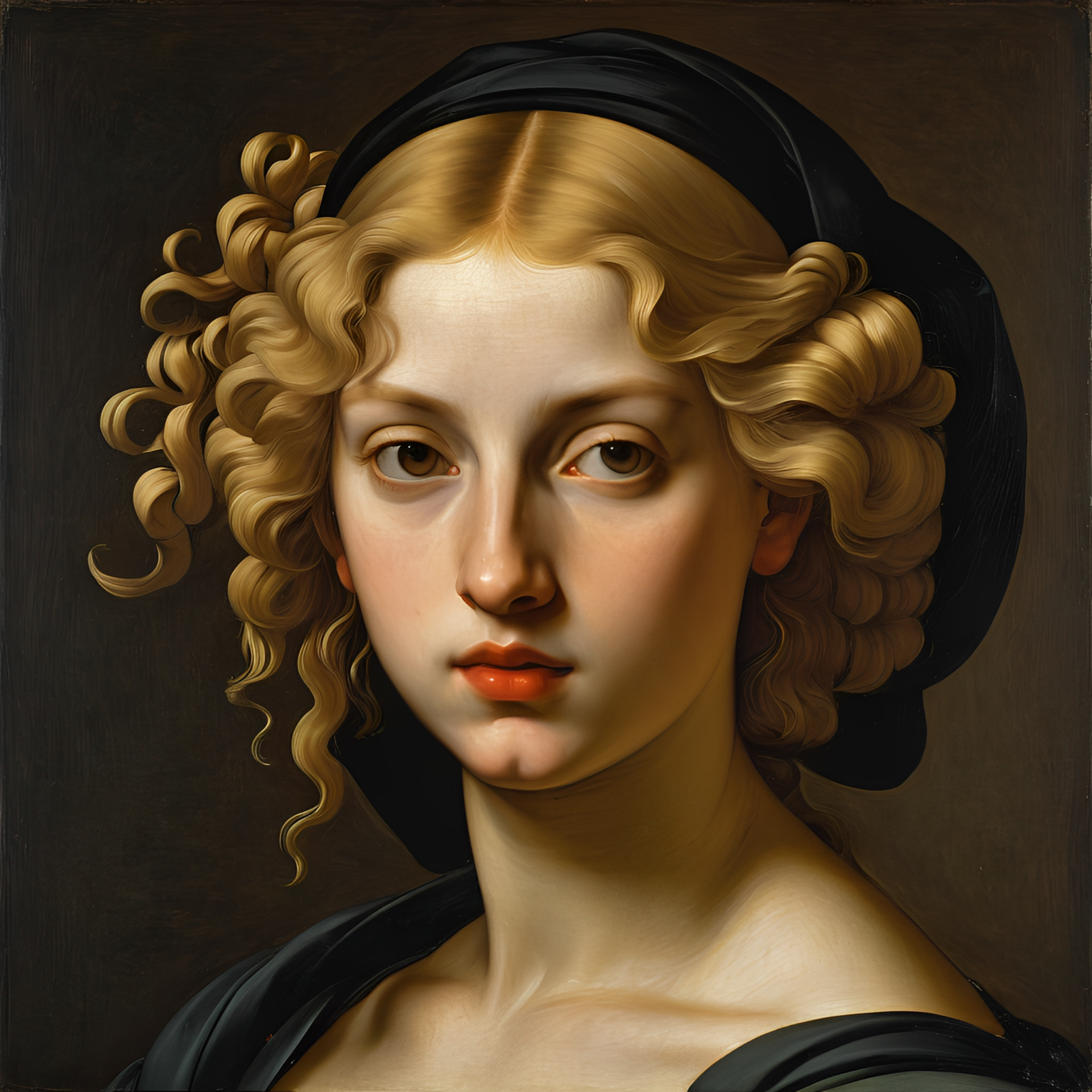 Uma mulher de cabelos loiros cacheados e um véu escuro, olhando para a frente, pintada no estilo dos antigos mestres.