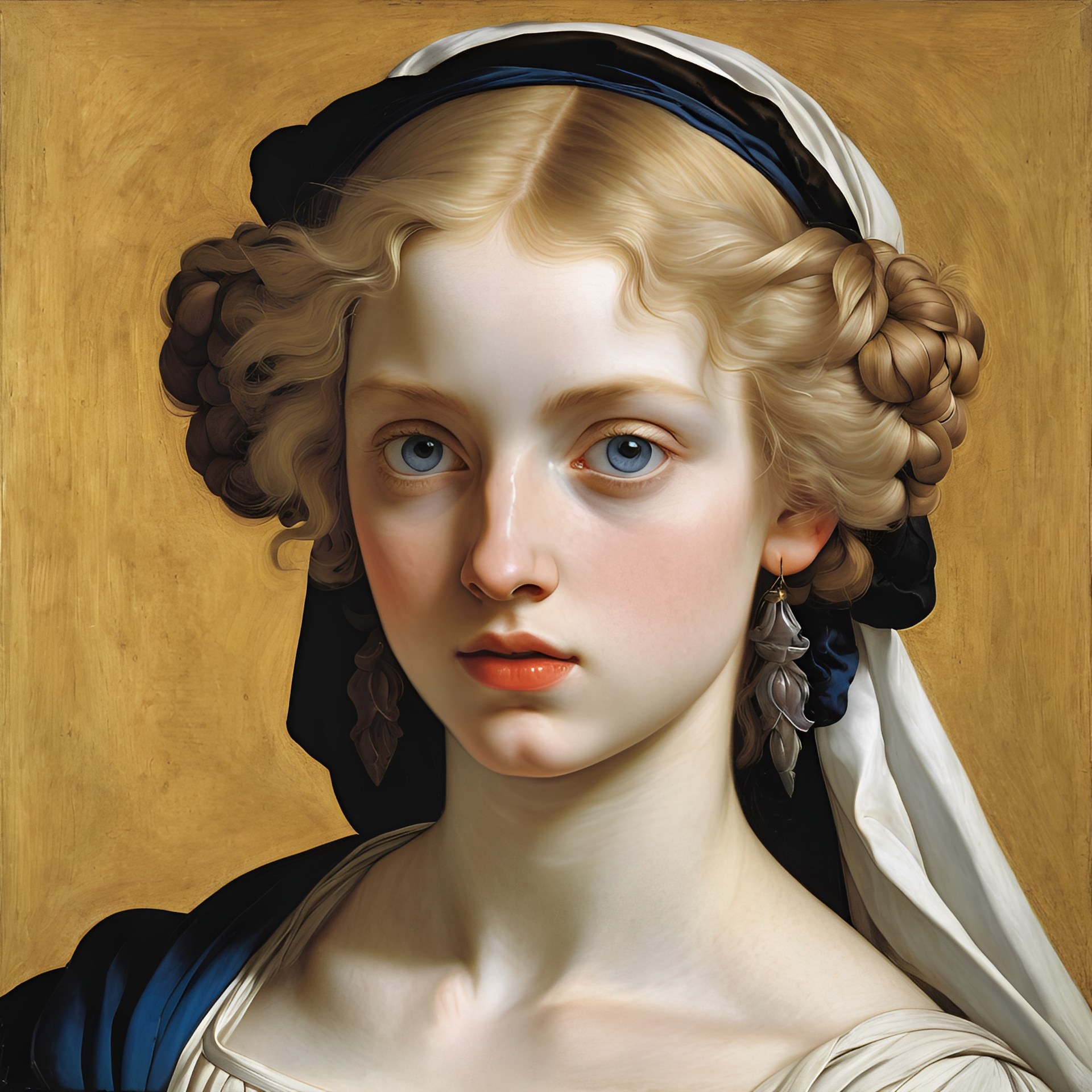 Retrato de uma pessoa com cabelo loiro e olhos azuis, usando um lenço branco na cabeça e roupas azul-escuras.