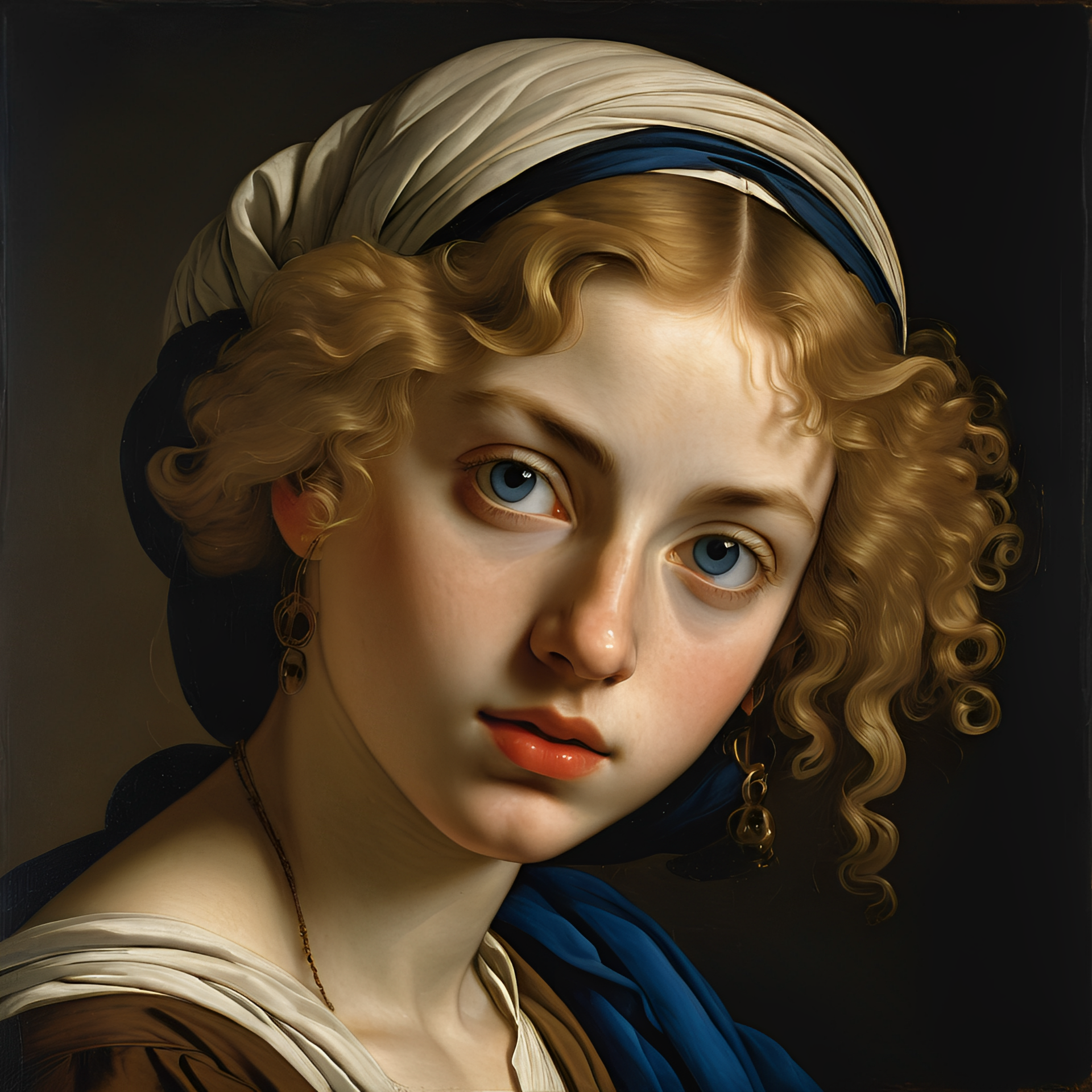 Retrato de uma mulher com cabelos loiros cacheados, olhos azuis e lenço na cabeça. Ela veste uma roupa marrom e azul.