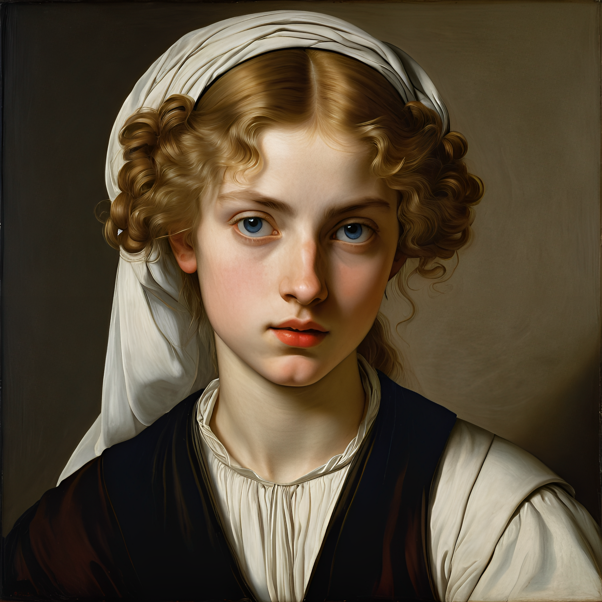 Mulher loira com lenço branco na cabeça e colete escuro, olhando para o espectador com uma expressão pensativa.