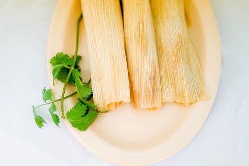 tamales are authentic Mexican food, sprig of cilantro on a plate with three tamales