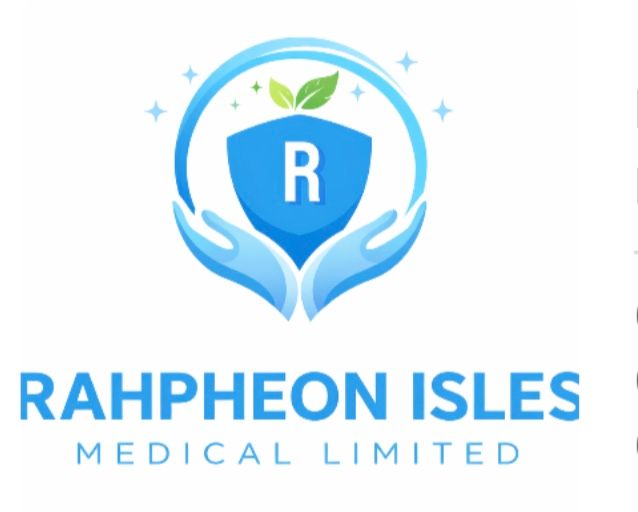 Blue medical logo with shield, hands, green leaf, and text “RAHPHEON ISLES MEDICAL LIMITED”