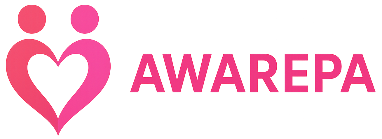The logo for awarepa is a pink heart with two people in it.