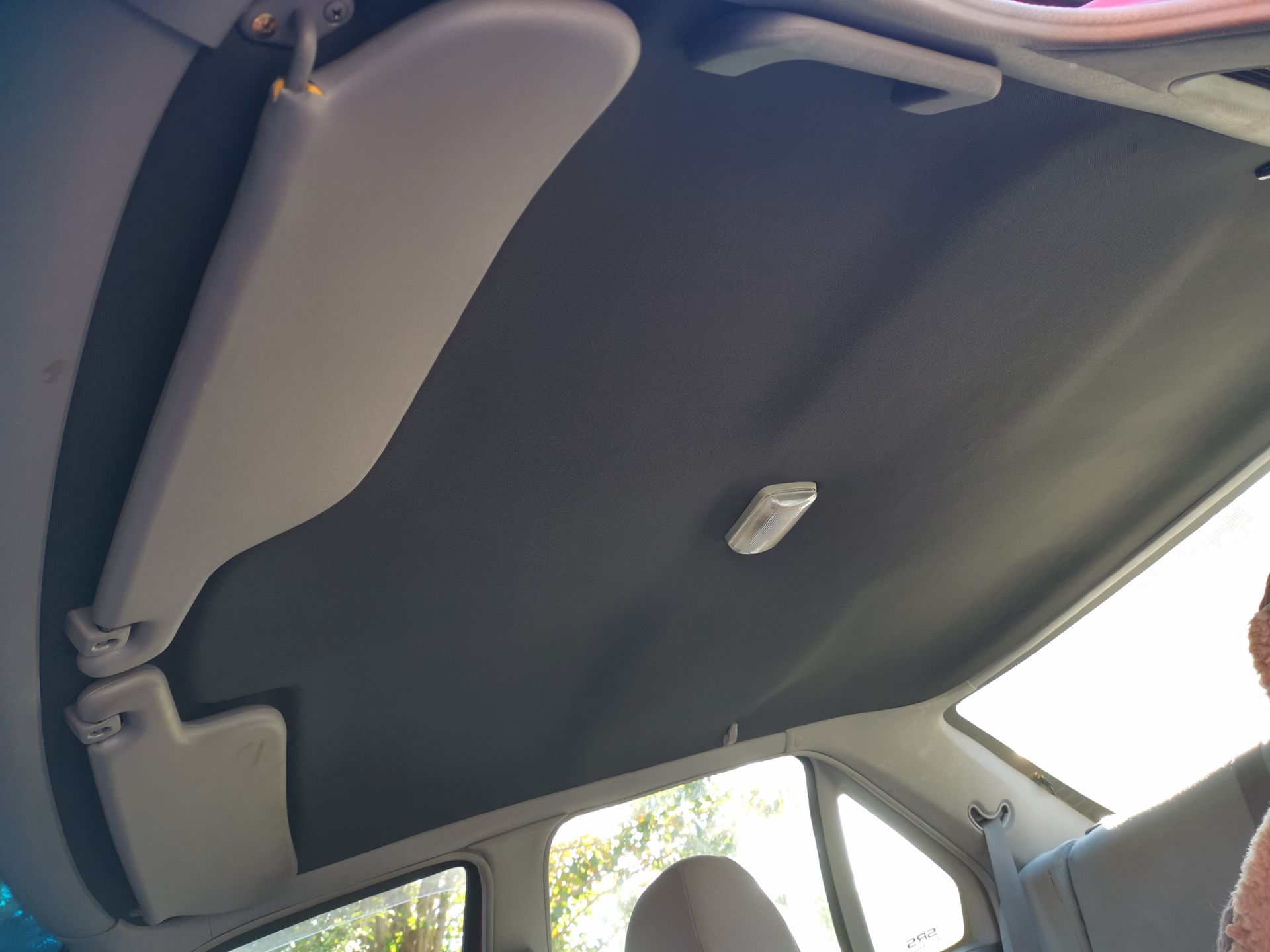 Interior car roof with sun visors and dome light. Grey fabric headliner.