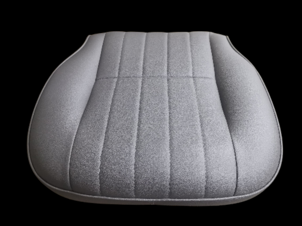 Gray, textured car seat with vertical stitched lines on a black background.