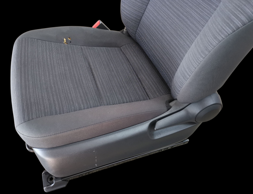 Car seat, black fabric, side view, with adjustable handle.