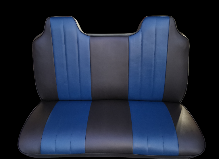 Golf cart seat with black and blue panels.