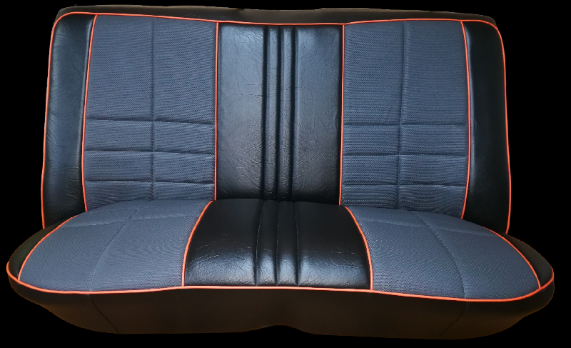 Car seat with black, gray, and orange trim.