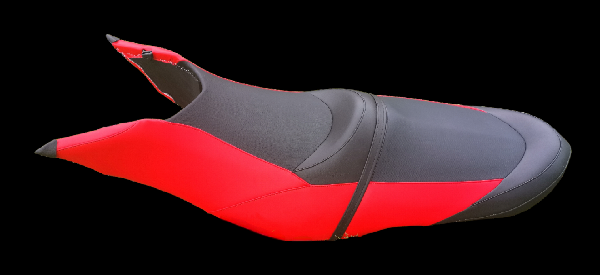 Motorcycle seat with a red and gray color scheme, set against a black background.