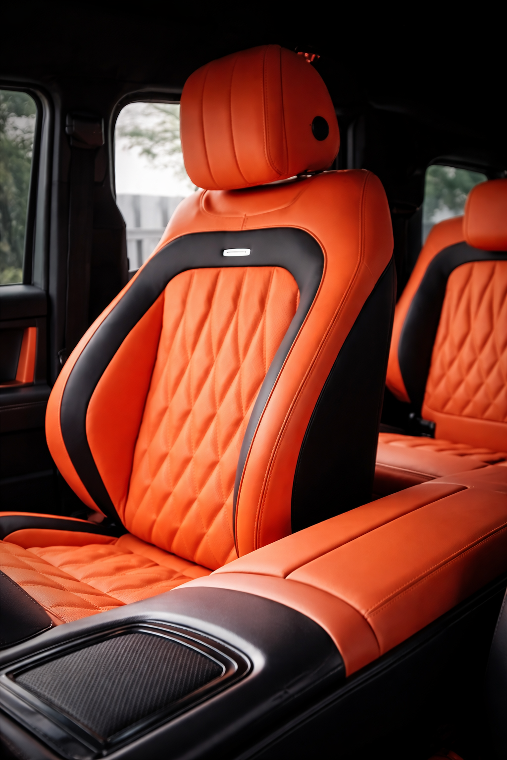 Brown SUV with open doors, beige interior. Rear seats visible.