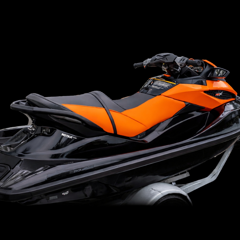 Jet ski, gray body with neon yellow accents, Rotax engine logo, next to water.