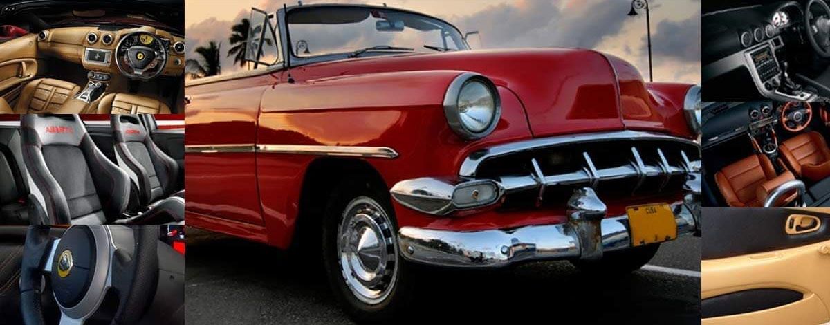 Red vintage convertible with chrome details, interior shots on the side.