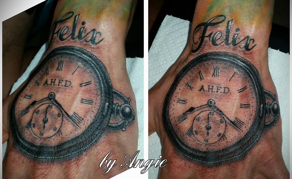 Pocket Watch and Name Tattoo on Hand  — Tattoo in South Lismore, NSW