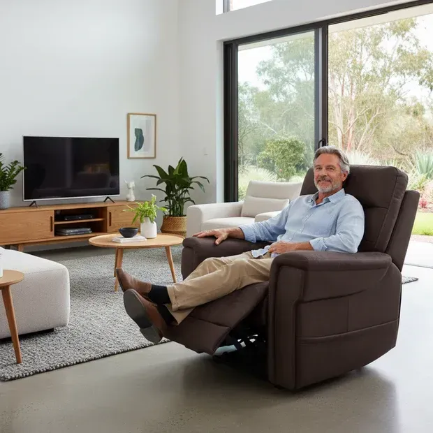 A Person Sitting in A Brown Theorem Recliner Chair — Ballina Home Healthcare Sales & Hire and Compression Stockings Plus in Ballina, NSW