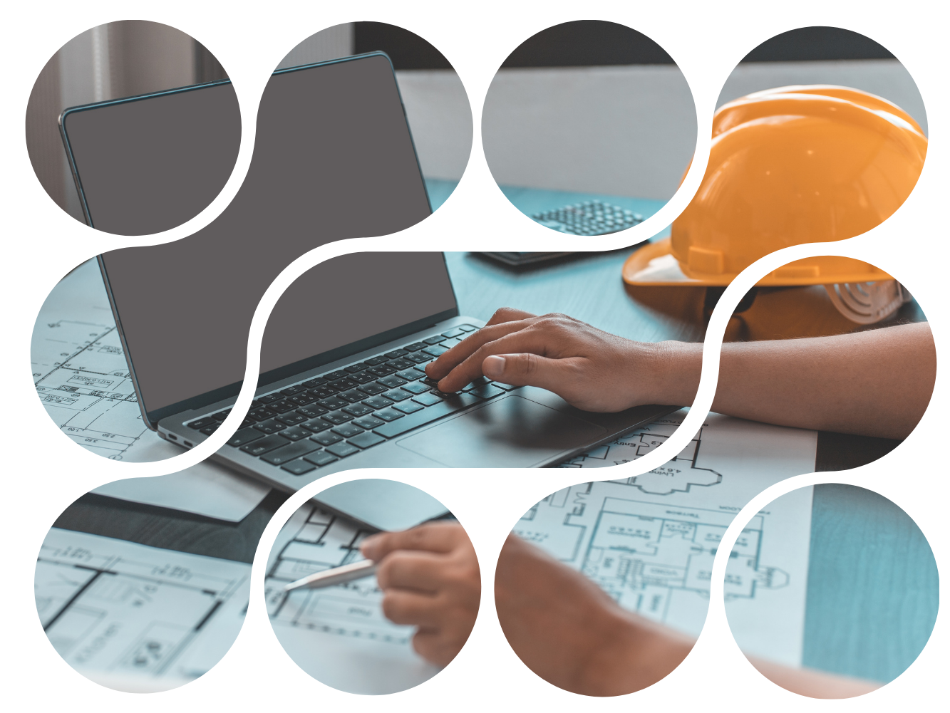 Person working on laptop, construction plans, and hard hat.